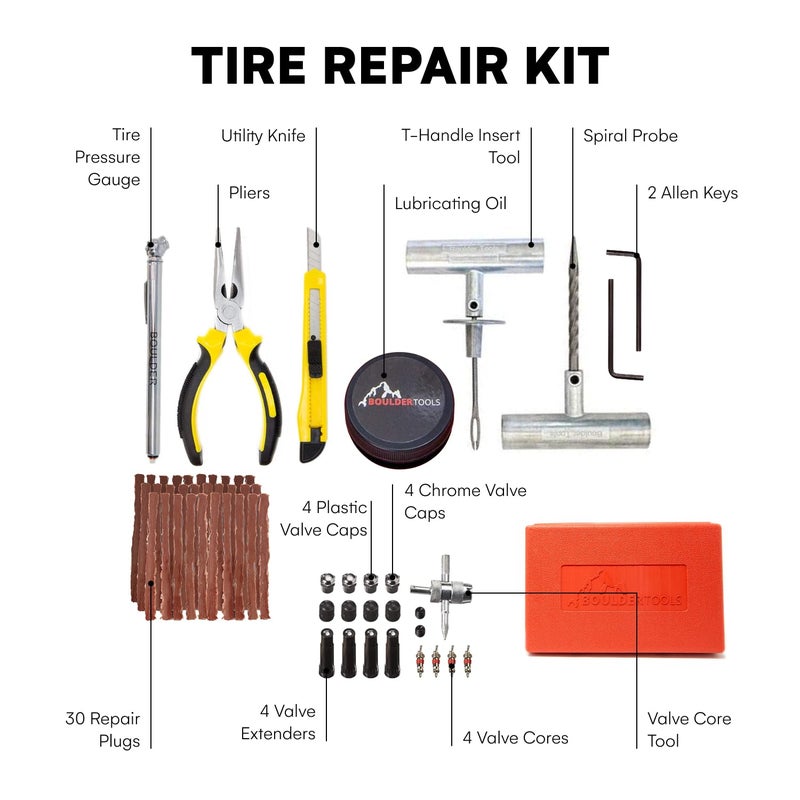 Boulder Tools Tire Repair Kit by Boulder Tools - Heavy Duty Plug Kit for Cars, Trucks, Motorcycles, ATVs - Complete Flat Fix Automotive Tools Set with Storage Case, Valve Tool, Pliers, and Repair Plugs - Image 2